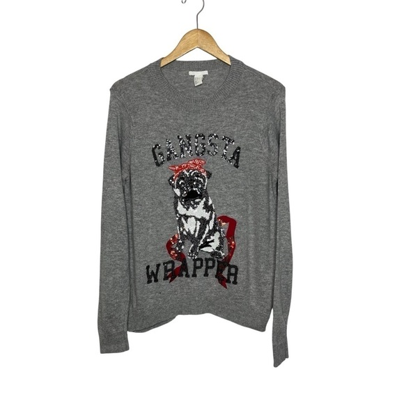 H&M Sweaters - H&M Women's Medium Angora Blend Pug Dog Gangsta Wrapper Pullover Sweater Grey